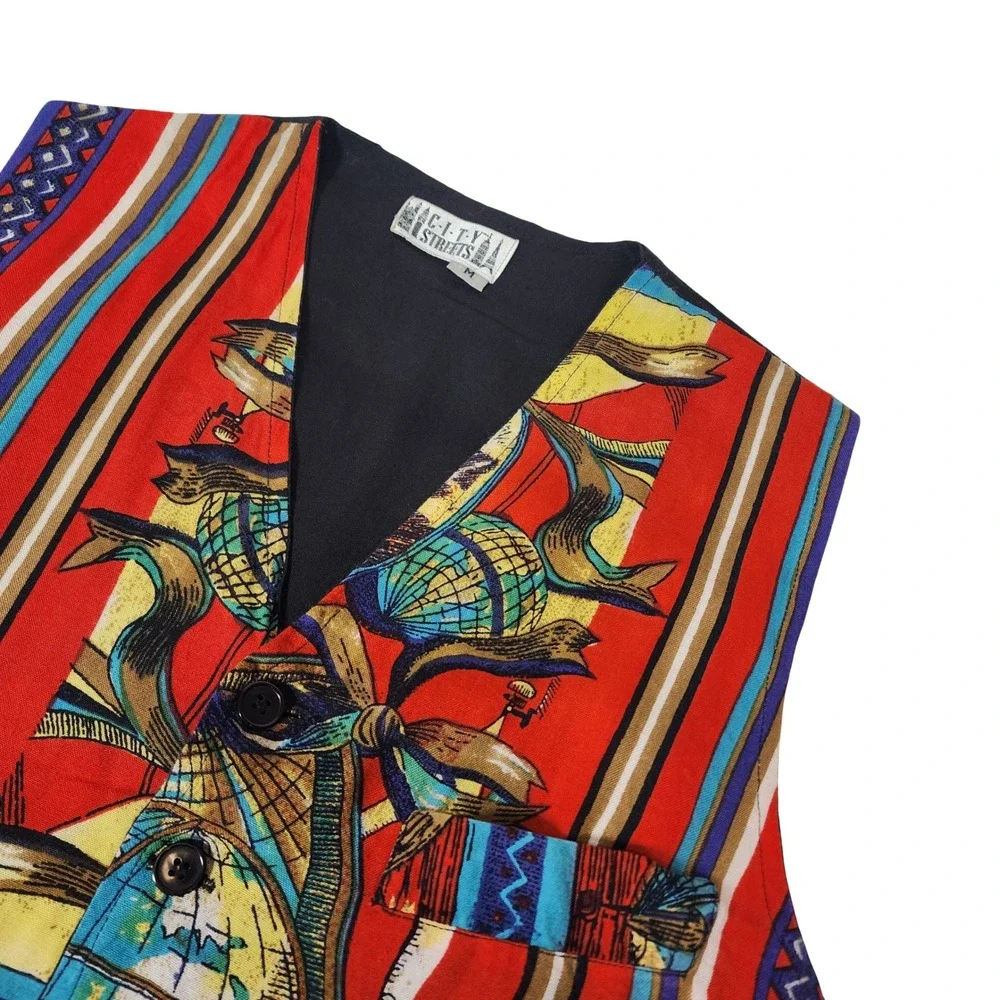 City Streets Vintage Globe Stripe Novelty Print Button Up‎ Vest Mens Medium Red